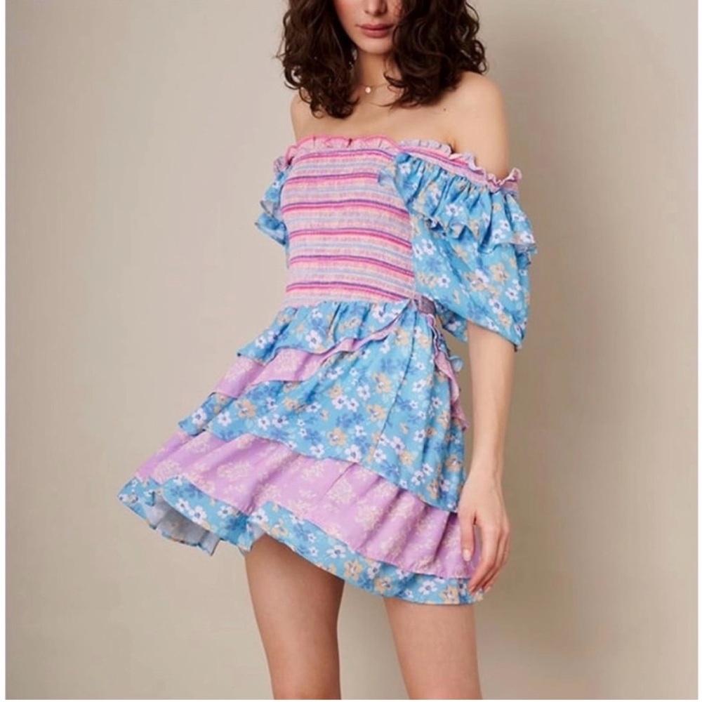 Yvonne & Love Floral Boho Tiered Smock Coquette Dress EUC